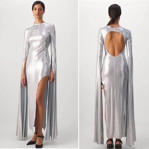 NWT Norma Kamali Open Back Ribbon Sleeve Metallic Silver Wide Slit Gown Size M